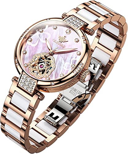 OUPINKE レデイース腕時計 自動巻き 機械式 うで時計 日本製ムーブメント セラミックベルト 高級ステンレス 5気圧 防水 ピンク